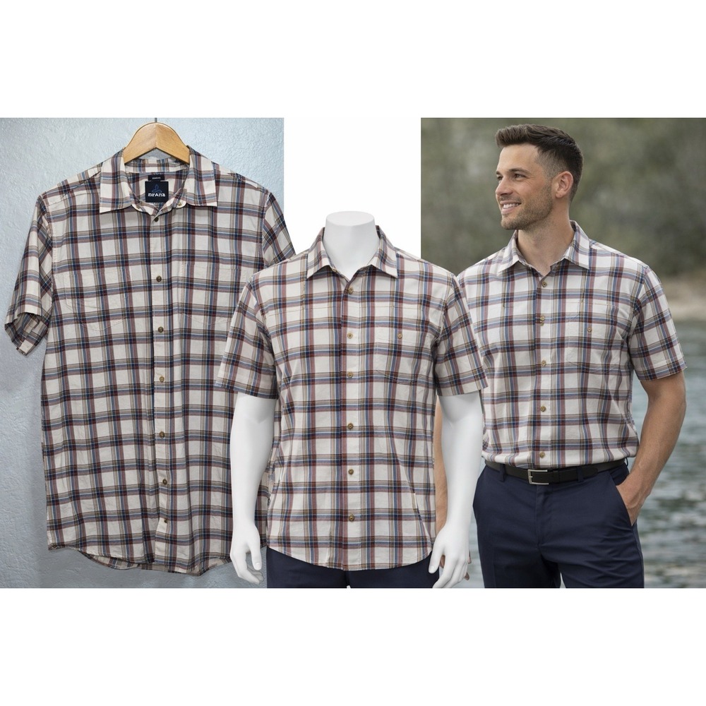 Prana Murdock Shirt Mens Large Brown Plaid Slim Fit Short‎ Sleeve Button Up